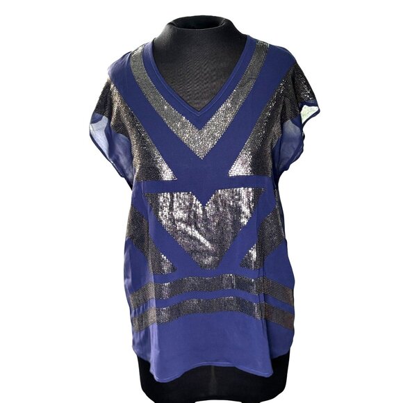 Navy Blue Sequin Top By Black Saks Fifth Avenue Size M - Picture 1 of 10
